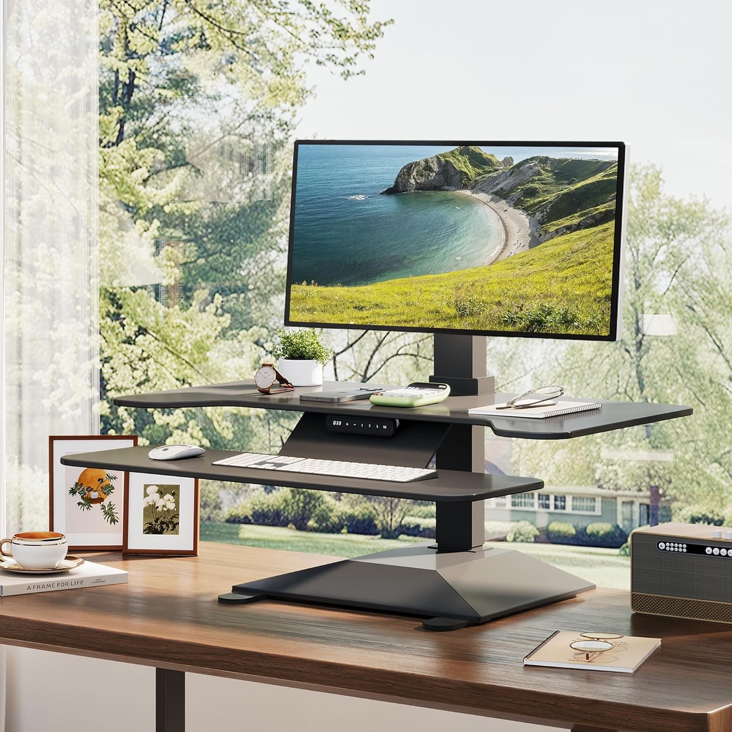 Electric Standing Desk Converter 36 Wide, Height Adjustable Desk Riser, Computer Workstation, Sit-Stand Convertor for Home, Office, School (Black, 1 Arm Included)