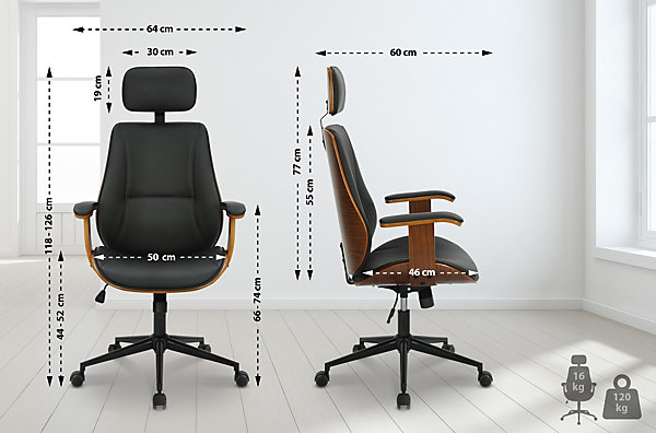 Chaise de bureau Lugo en similicuir, ergonomique, pivotante 360 , réglable, bascule, appui-tête Noyer/Noir