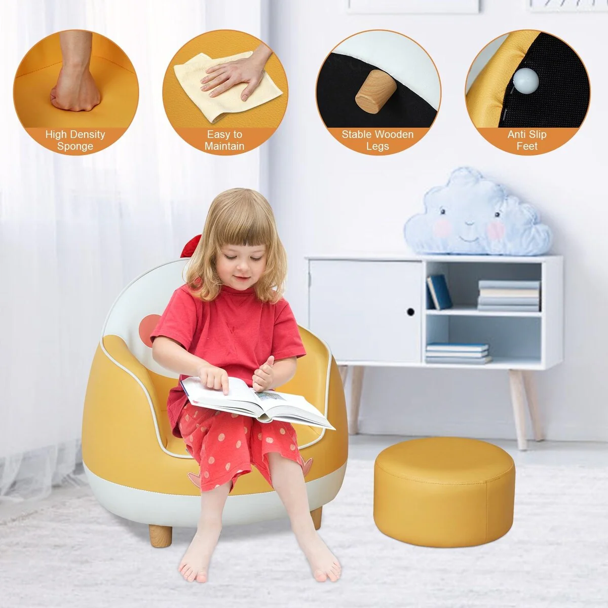 Kids Sofa Children Leather Chair Child Upholstered Armchair w/ Ottoman Toddler Lounge Sofa Recliner