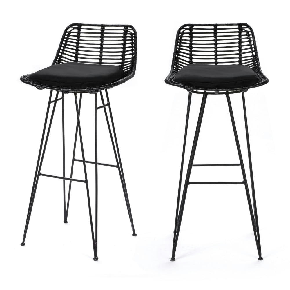 CAPURGANA - Lot de 2 chaises de bar design en rotin 75cm noir