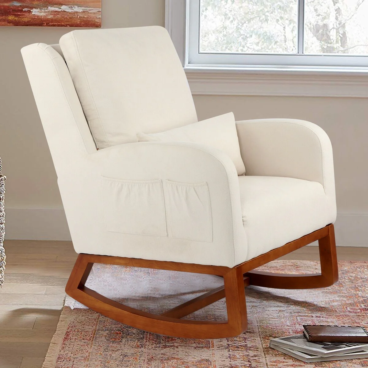 Nursery Rocking Chair High Back Armchair with Side Pocket Rubber Wood Legs and Pillow Flannel Chair for Living Room/Bedroom