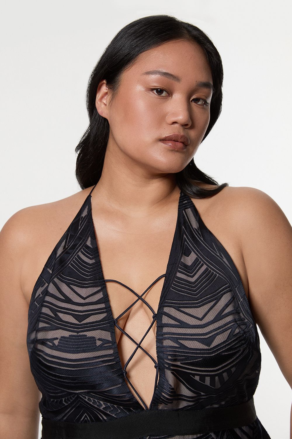 KarenMillen Amelia Graham Plus Size Burnout Lace Up Detail Woven Column Dress