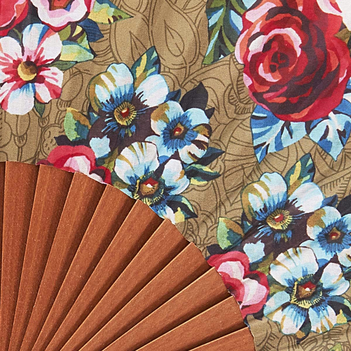 DEVI - Éventail en bois de merisier et coton imprimé fleuri Dore