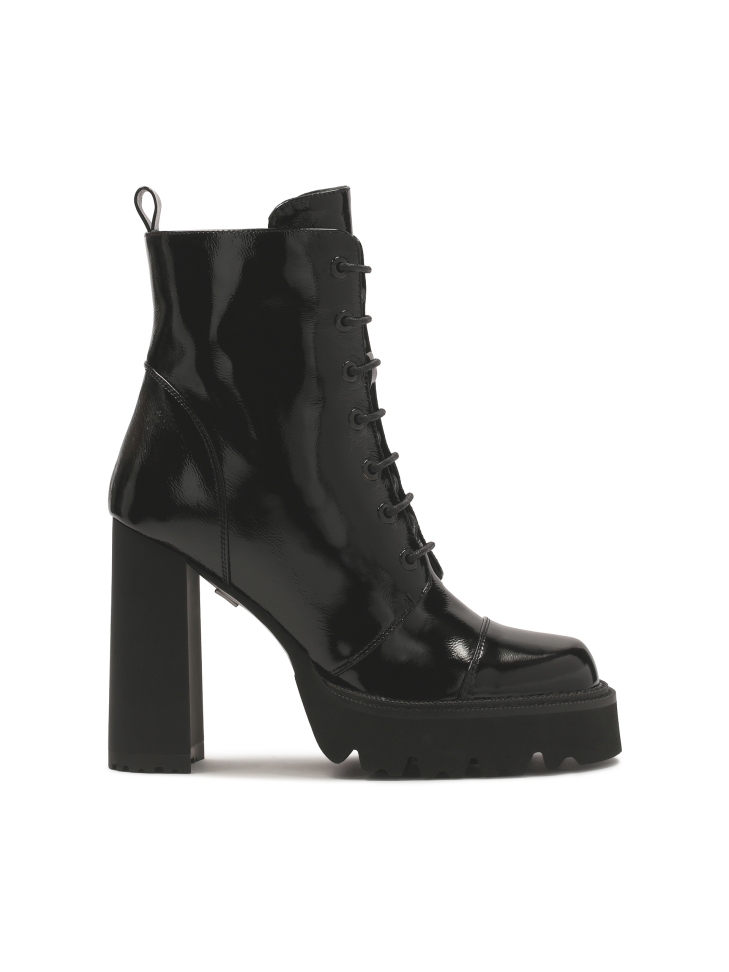 Patent leather boots with high heel and track sole