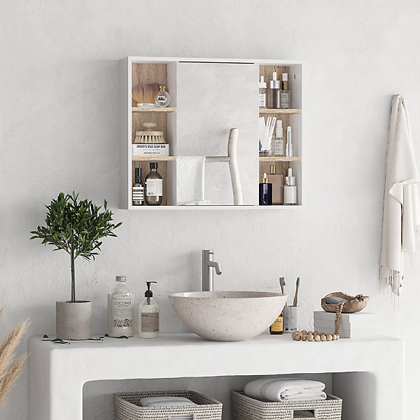 Miroir de salle de bain avec placard 2 étagères 6 niches latérales blanc effet chêne clair
