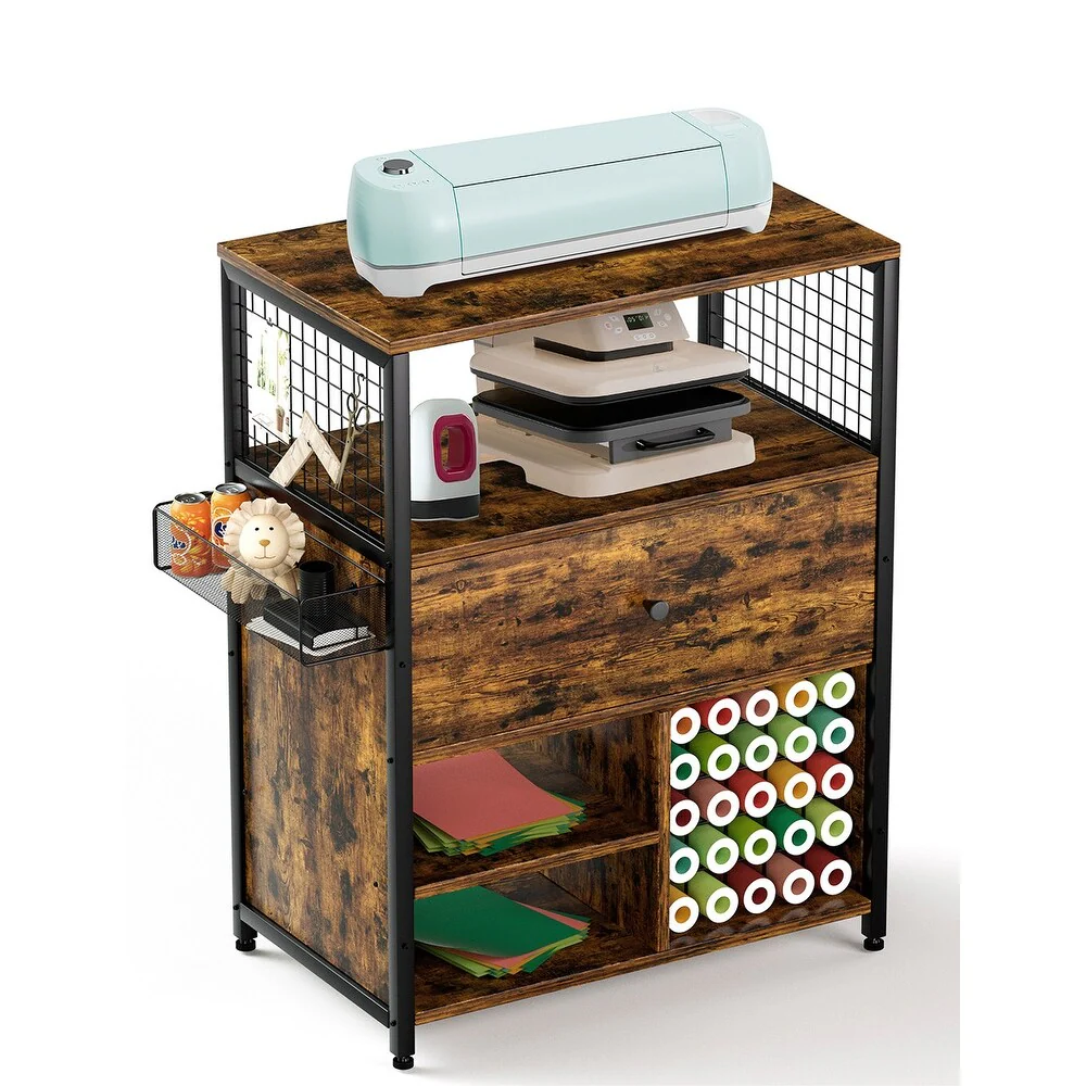Storage Cabinet with Cricut Machines, Crafting Cabinet with Drawer & 25 Vinyl Roll Holder, Craft Table Desk Workstation for Room
