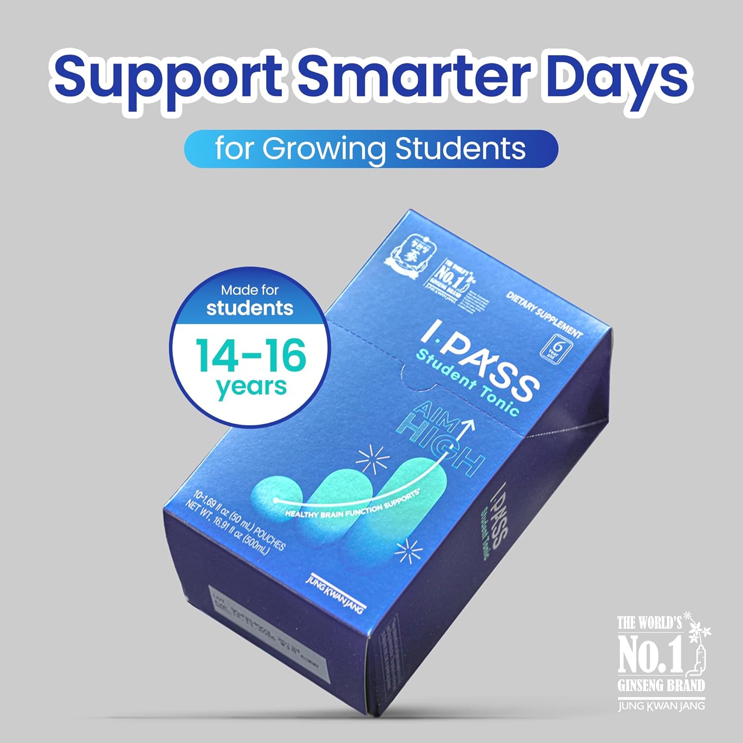 JUNG Kwan Jang iPass Student Tonic - Adaptogen Energy Drink Supplement with Korean Red Ginseng, Jujube, Astragalus & Angelica - Daily Support for School and Activities (30 Pouches, 1.69 fl oz)
