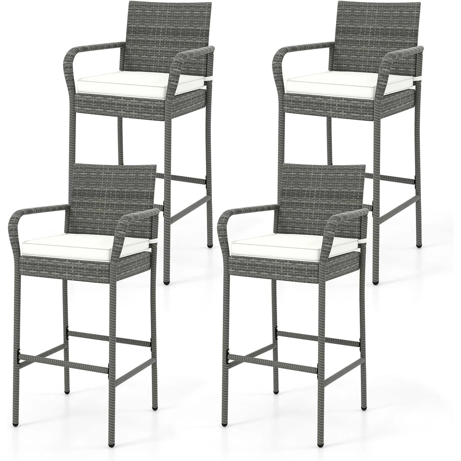 2/4 Pack Outdoor Bar Chairs Set Rattan Bar Stools w/ Seat Cushions