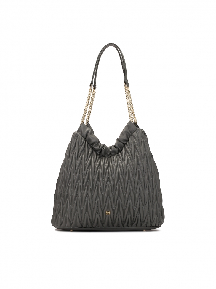 Quilted gray handbag with long handles