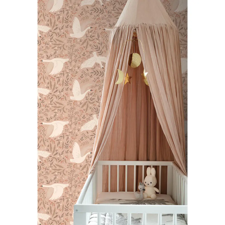 ESTAhome behang zwanen terracotta roze - 53 cm x 10.05 m