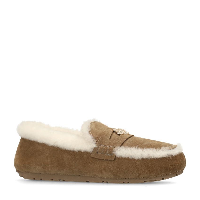 Manfield Taupe suède pantoffels met bontrand