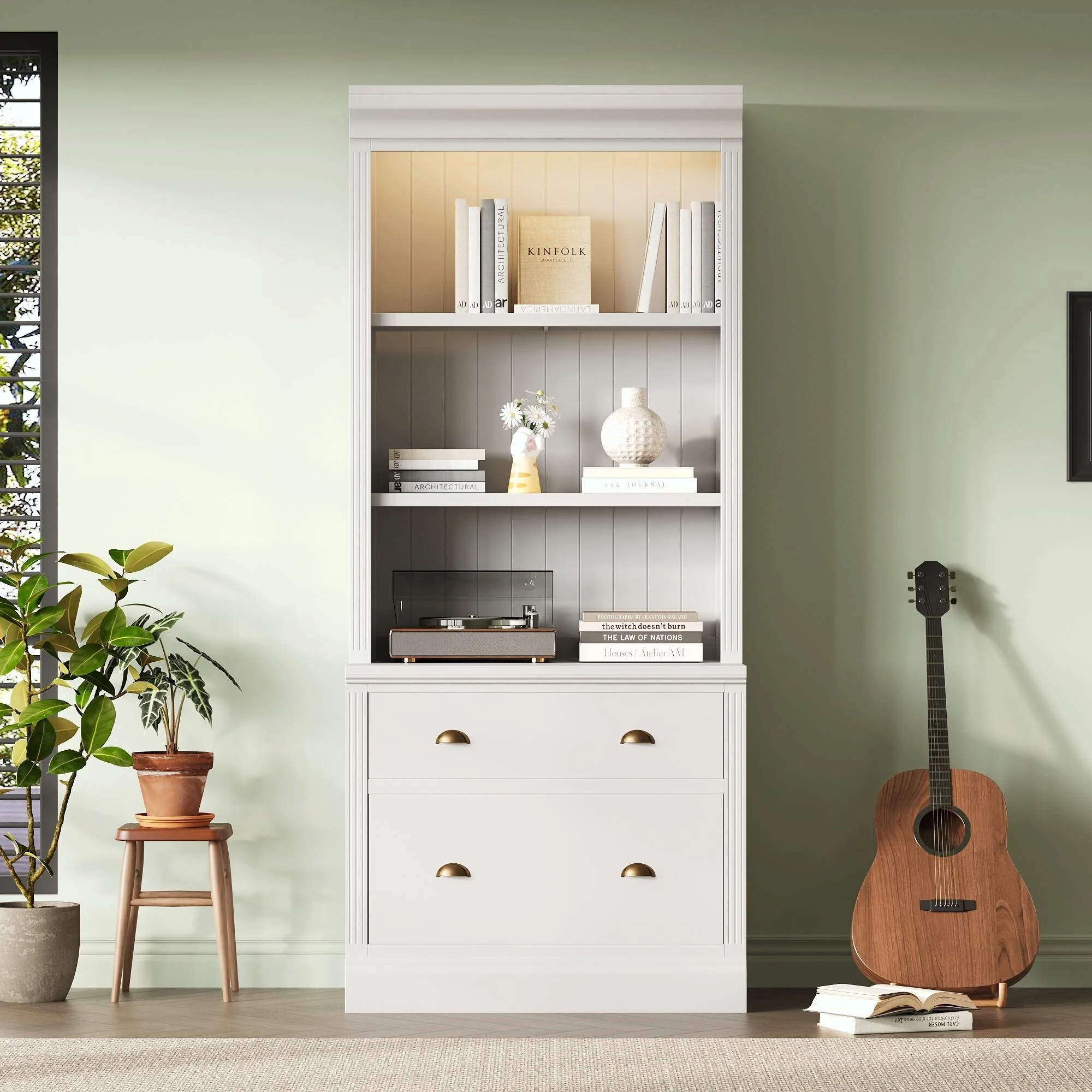 83.4 Tall Bookshelf with LED Lighting, 2 Drawers and 3 Open Shelves