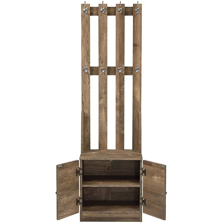 Wood Frame Rectangular Hall Tree Free Standing Coat Rack Wooden Cabinet Base with 2 Compartments Storage & 8 Metal Hooks