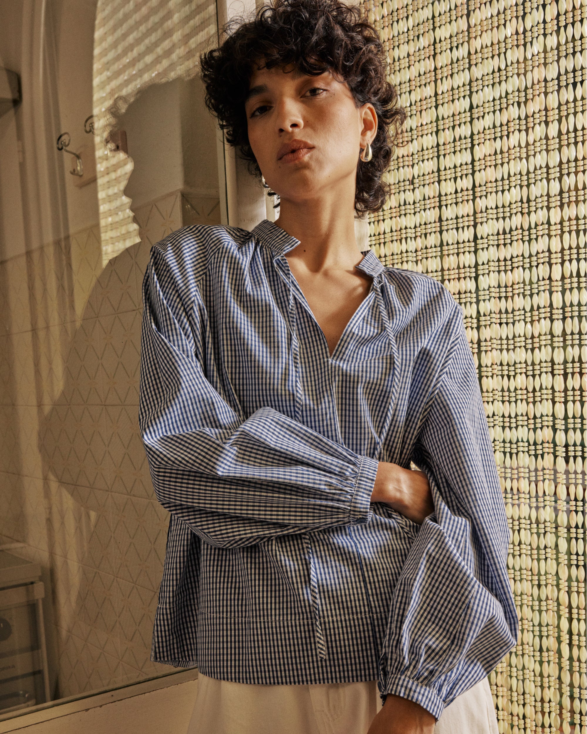 Blouse à carreaux en coton col V oversize marine Varry
