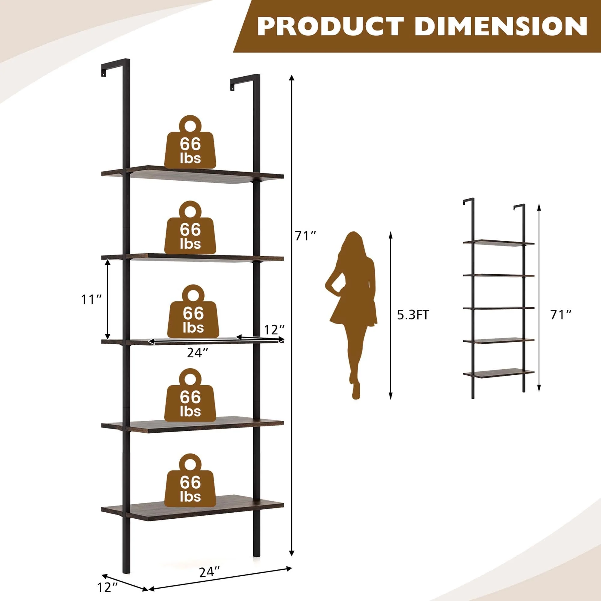 Costway 2 PCS 5 Tier Ladder Shelf 71'' Wall-Mounted Bookshelf Display - See Details