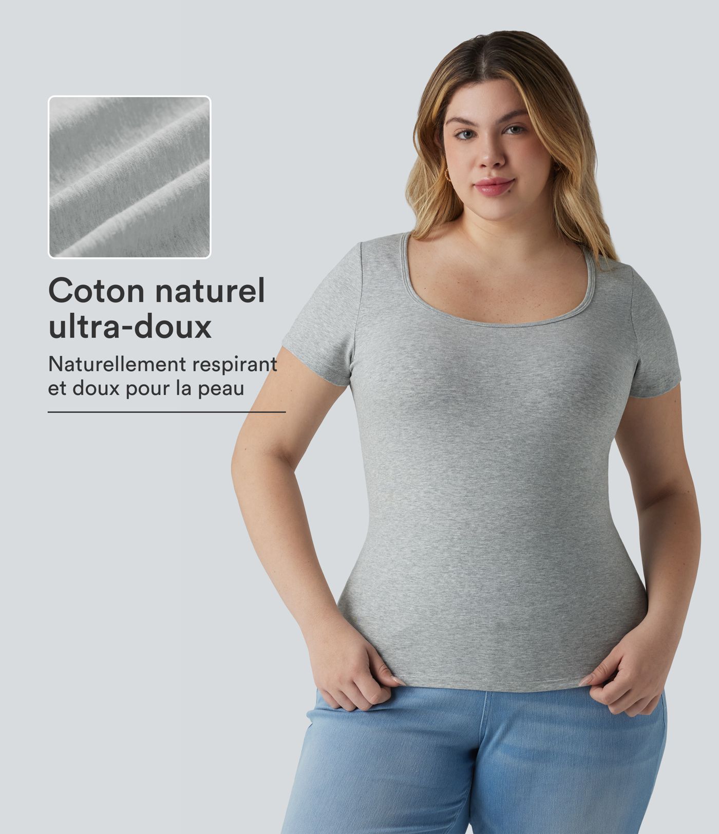 T-shirt Halara grande taille décontracté en jersey de coton coupe ultra-ajustée effet chiné, col carré, manches courtes