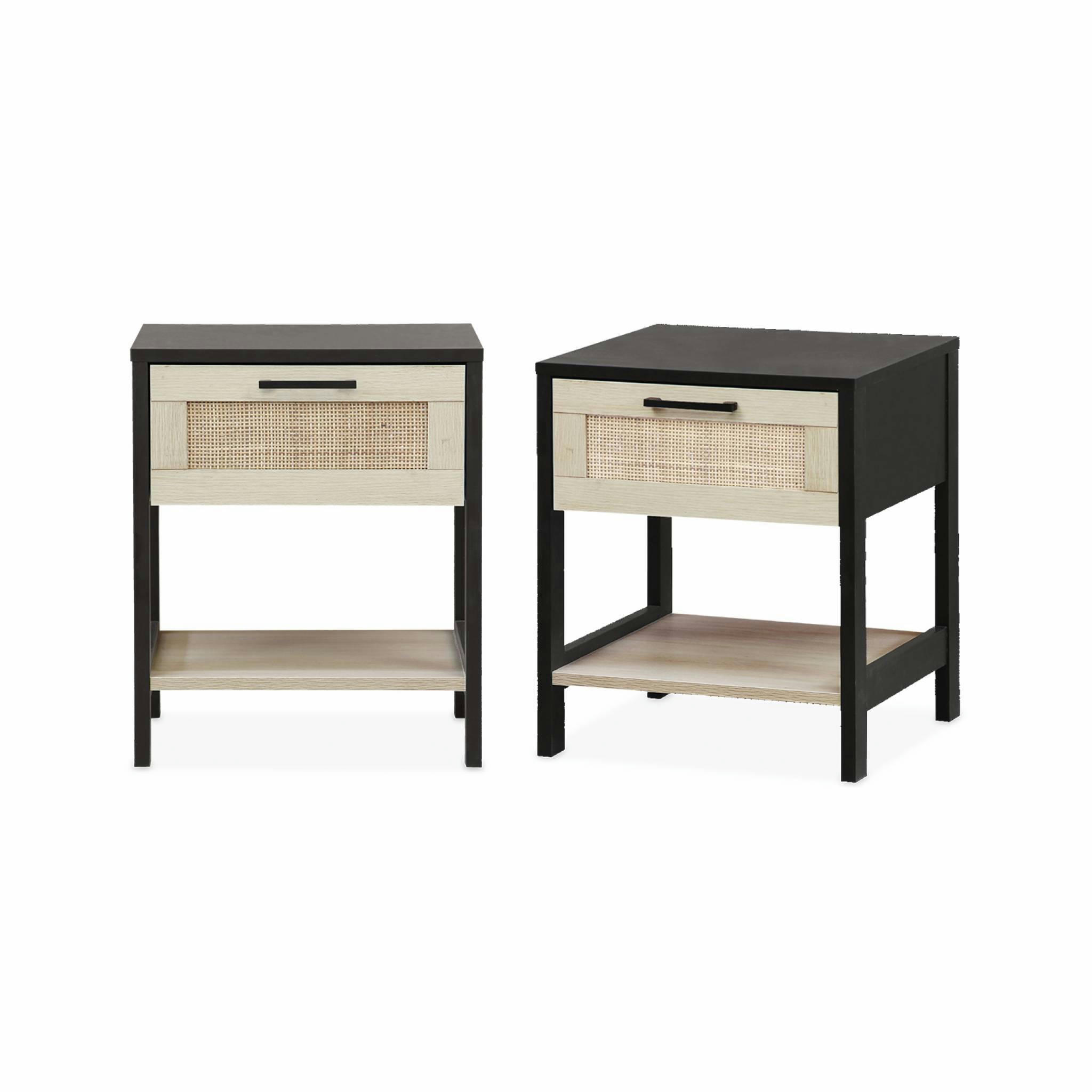 BIANCA - Tables de chevet noir et cannage 40 x 40 x 48cm