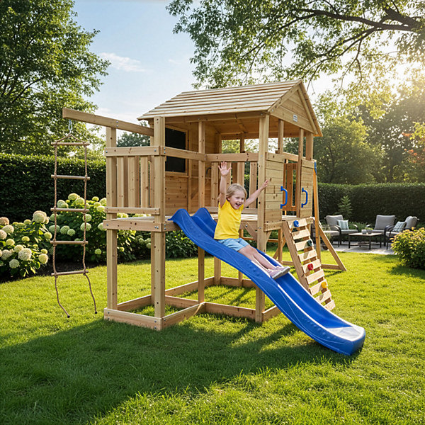 Aire de jeux BUFFALO bois thermo-traité, toboggan bleu, balançoires - Abracadaprout