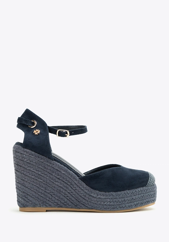 Damskie espadryle na koturnie z wiązaniem granatowe