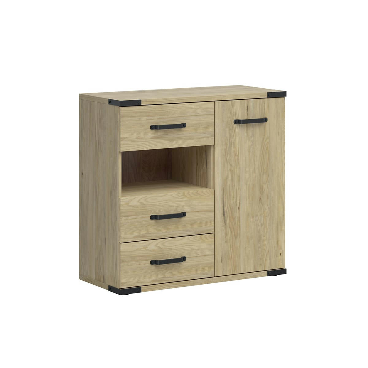 - Commode 3 tiroirs 1 porte naturel et noir