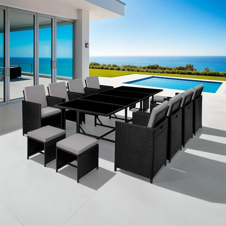 tectake Wicker tuinset Palma 8 4 1 met beschermhoes - Zwart / Grijs