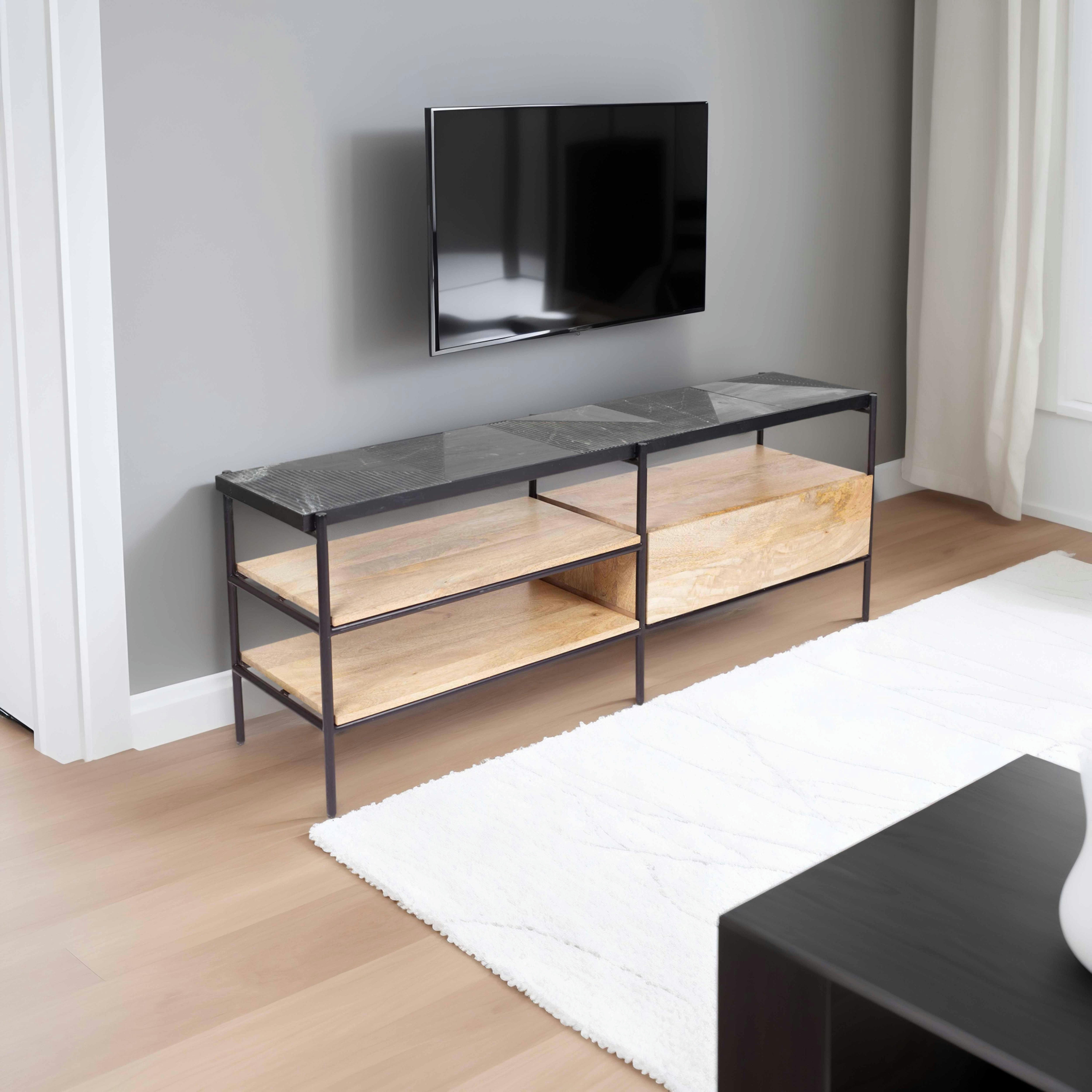 PAHELI - Meuble TV en marbre et manguier massif 150 cm noir