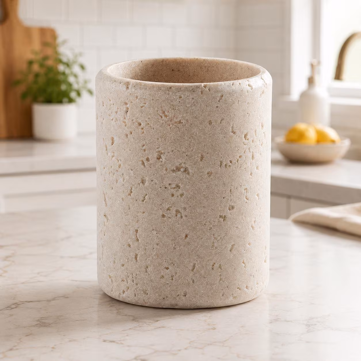 Beige Stone Bathroom Cup, Textured Toothbrush Makeup Brush Holder, Modern Farmhouse Gift
