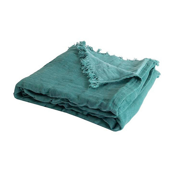 Couverture plaid 100% coton bleu turquoise avec franges 130x170cm BITALD - SACASA