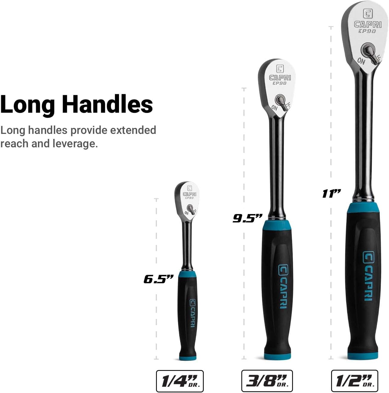 Capri Tools Fine 90-Tooth Ratchet Set, Ergonomic Soft Grip, 1/4, 3/8, 1/2 in. Drive, 3-Piece