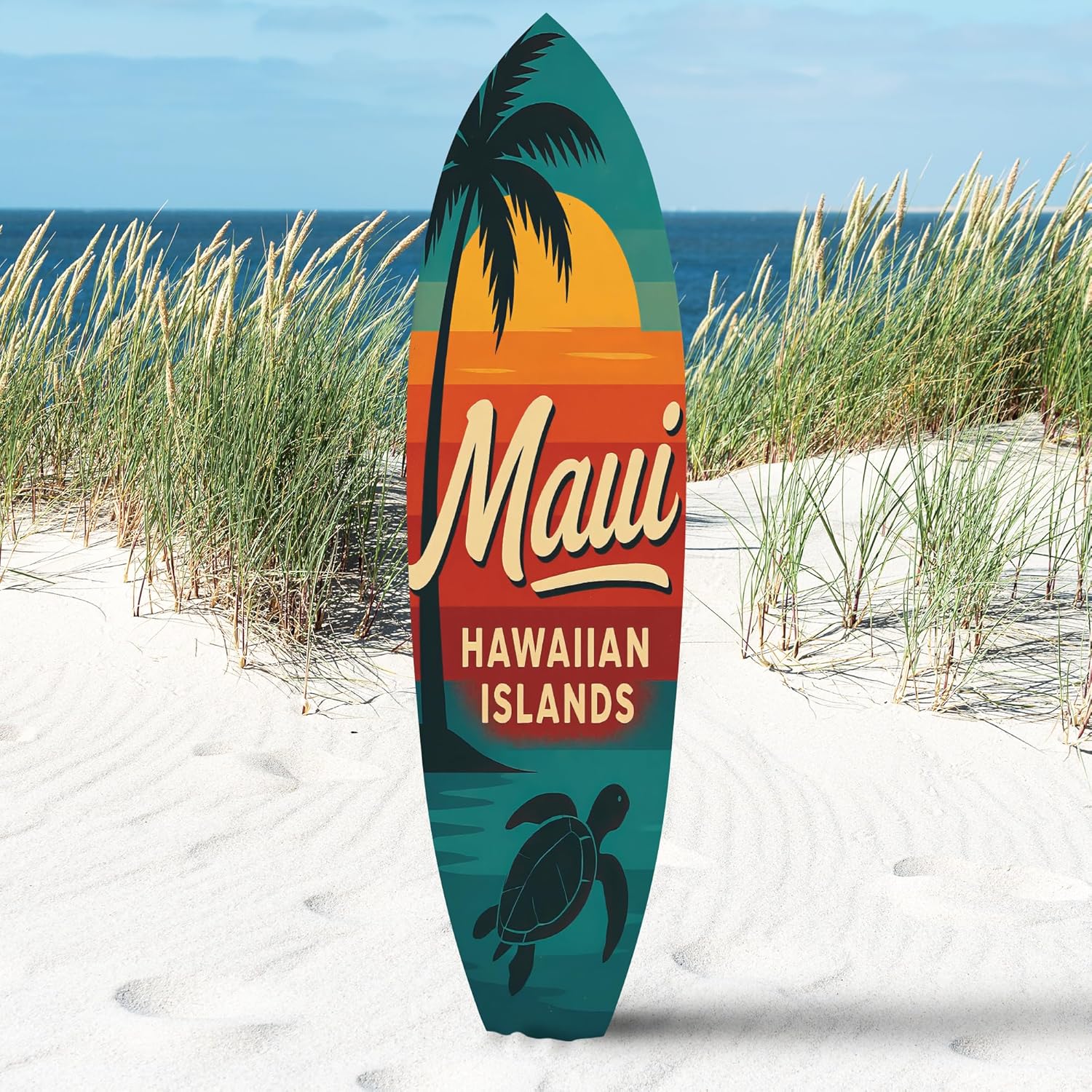 JennyGems Outdoor Surfboard Wall Art - Maui Hawaiian Islands Sign with Palm Tree Sea Turtle, Coastal Beach House Decor Weatherproof PVC, 3 Foot