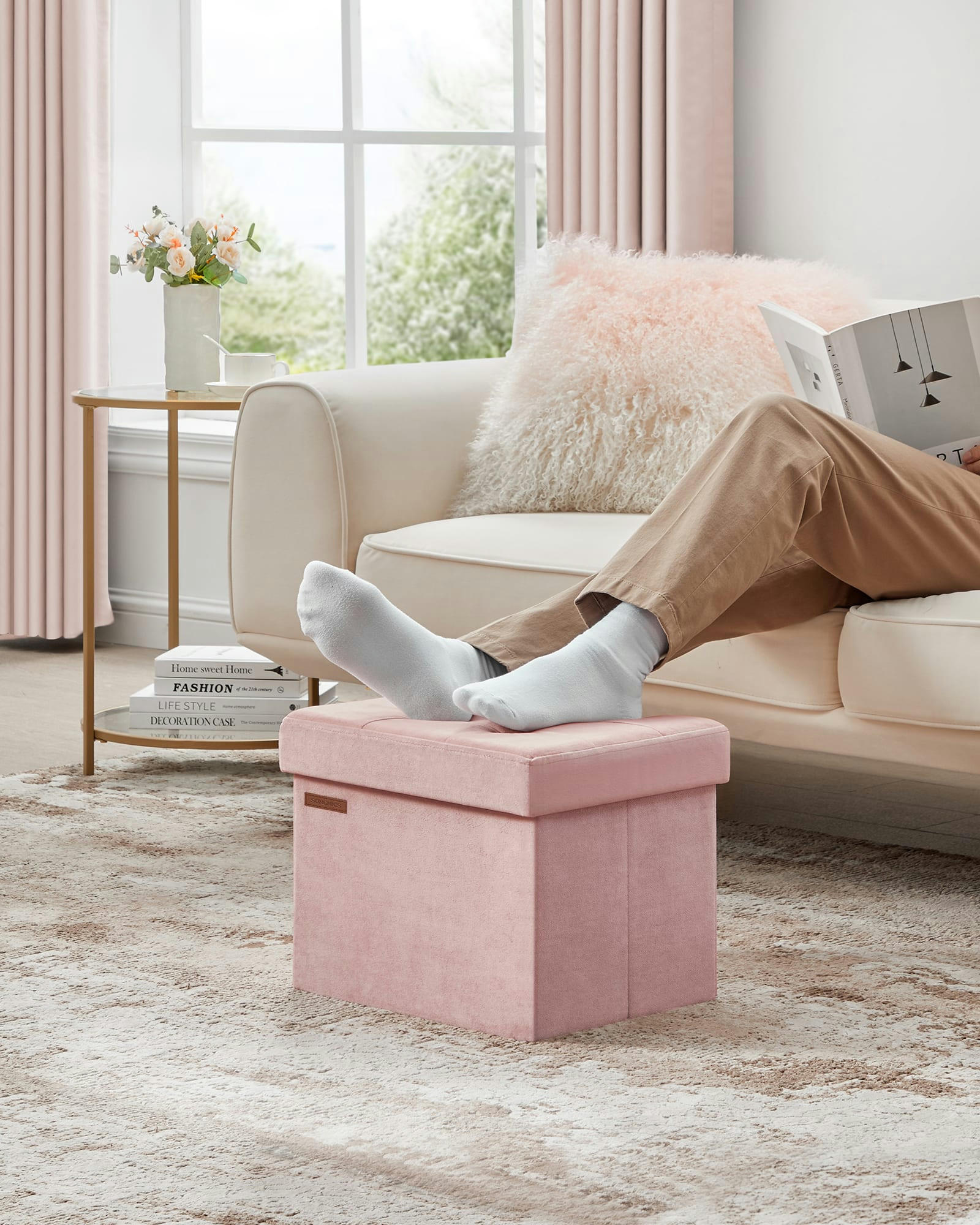 - Banc de rangement mdf 31 x 41 x 31 cm velours rose bonbon