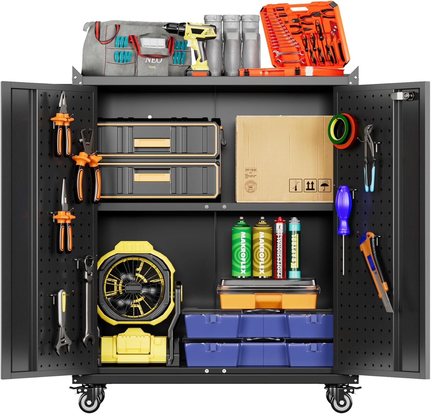 SUXXAN Storage Cabinet with Wheels and Pegboard, Rolling Garage Storage Cabinet with Locking Doors and Adjustable Shelf, Heavy Duty Steel Utility Cabinet for Home Office, Assembly Required