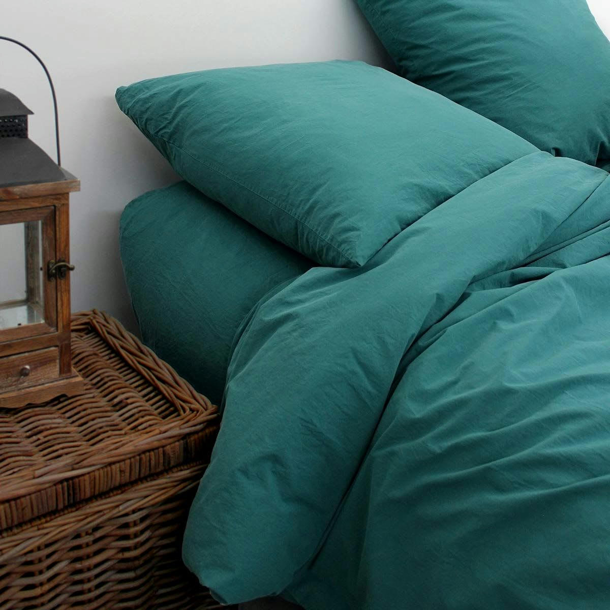 NINON - Housse de couette en percale lavée bleu paon 240x220 cm