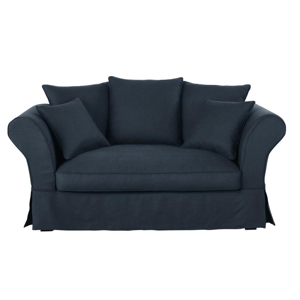 Roma - Housse de canapé 2 places en lin froissé bleu nuit