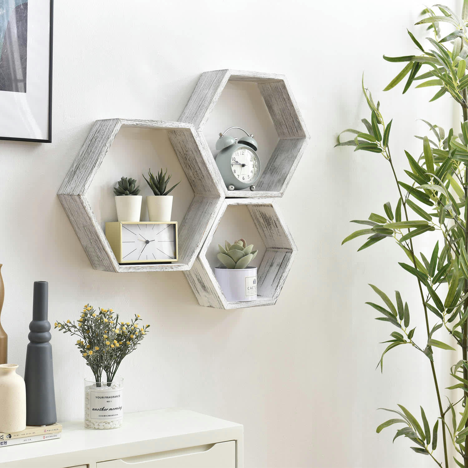 NUNO - Set de 3 Etagères murales hexagonales blanc, bois de paulownia