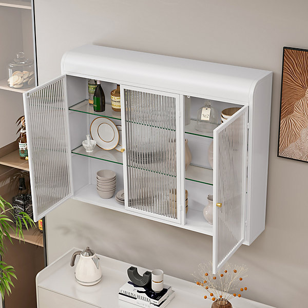 Armoire Murale 3 Portes en Verre et Métal - Meuble de Rangement Suspendu pour Cuisine et Salon, 90x16x70 cm, Blanc