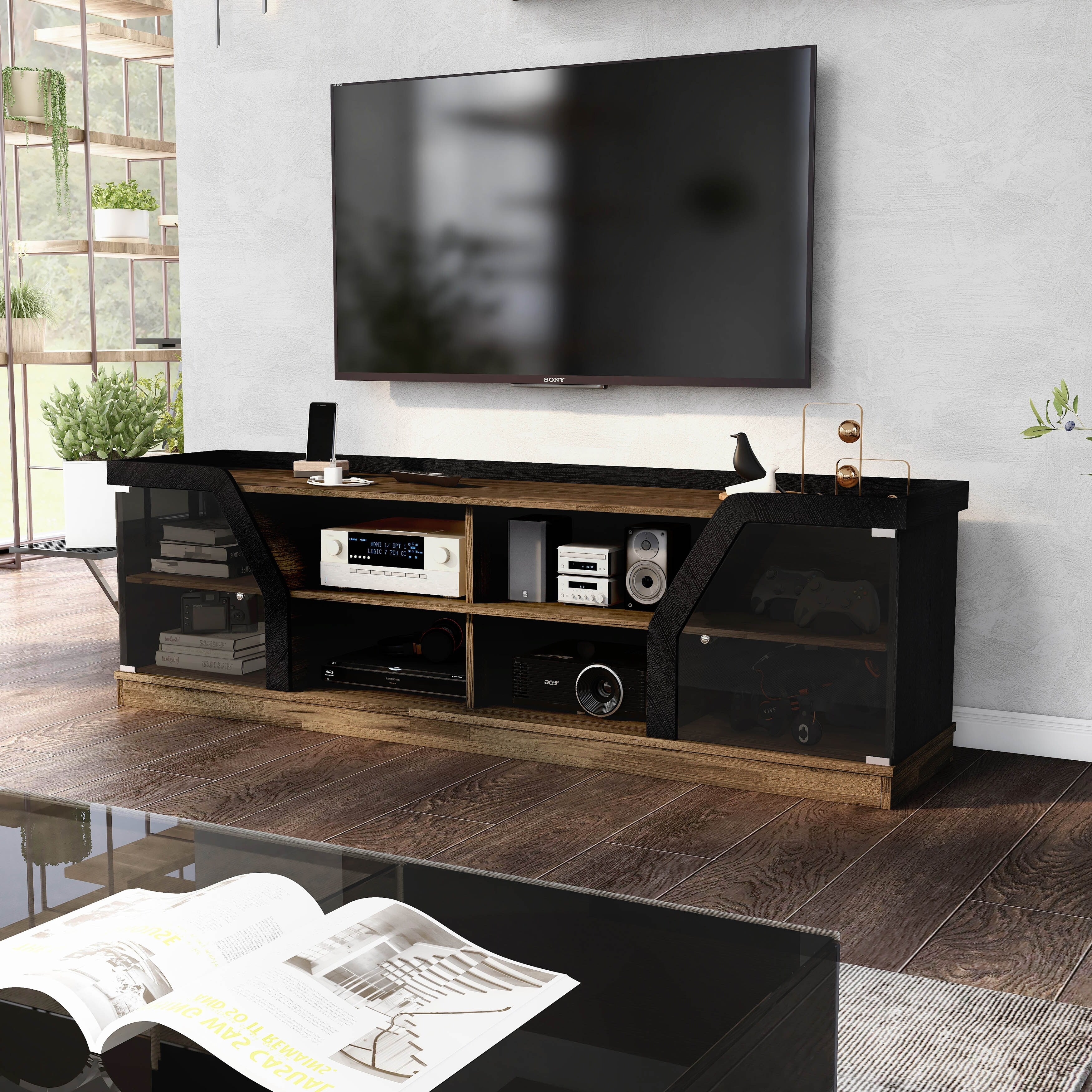 DH BASIC Modern Light Hickory 71-inch Multi-Storage TV Console with Black Tint Glass Cabinets by Denhour