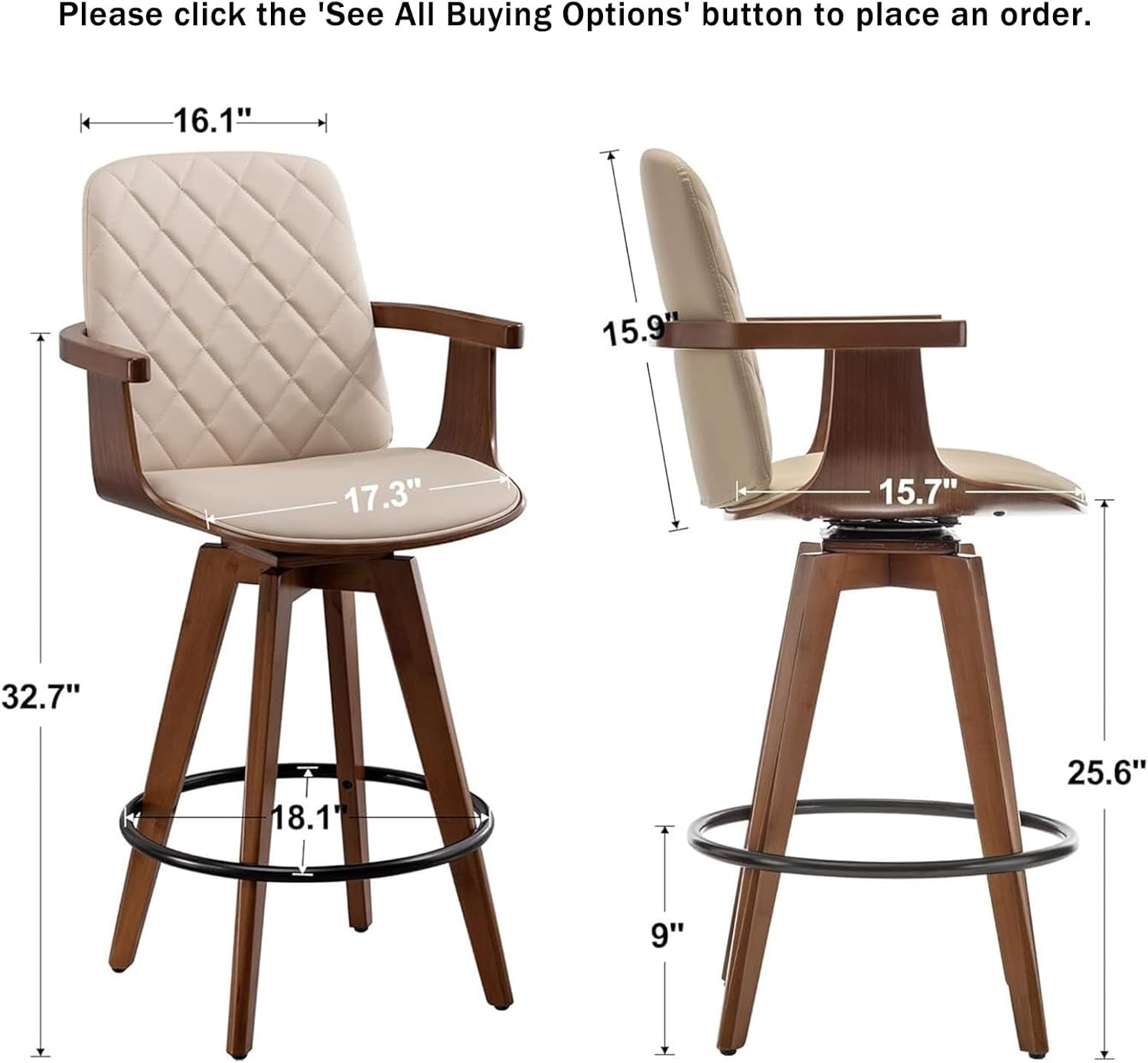 Counter Stools Set of 2, Upholstered Faux Leather Counter Height Bar Stools, Swivel Counter Chairs with Wooden Arms and Legs(Beige, 26 Seat Height)