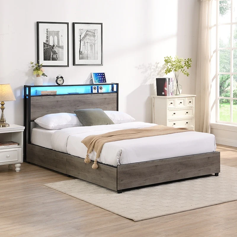 Full Bed Frame Storage Headboard With Charging Station