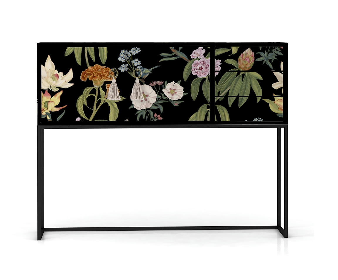 JARA - Console MDF laqué 2 portes 3 tiroirs imprimé floral fond noir