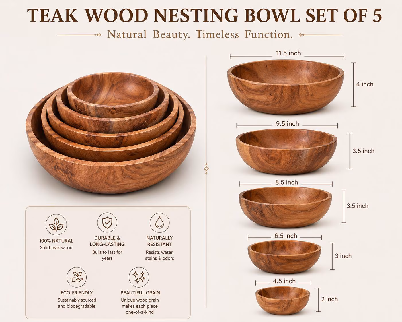 Solid Teak Wood Nesting Bowl Set, Handcrafted Kitchen Serving Bowls