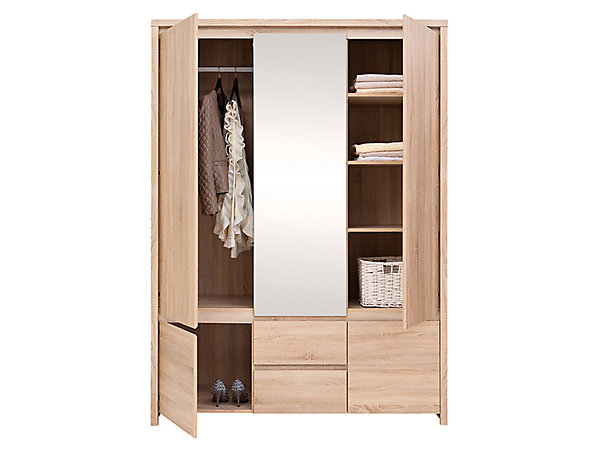 Armoire Placard de 5 portes avec miroir et 2 tiroirs, coloris chêne Sonoma - Longueur 153,5 x Hauteur 211 x Profondeur 55,5 cm