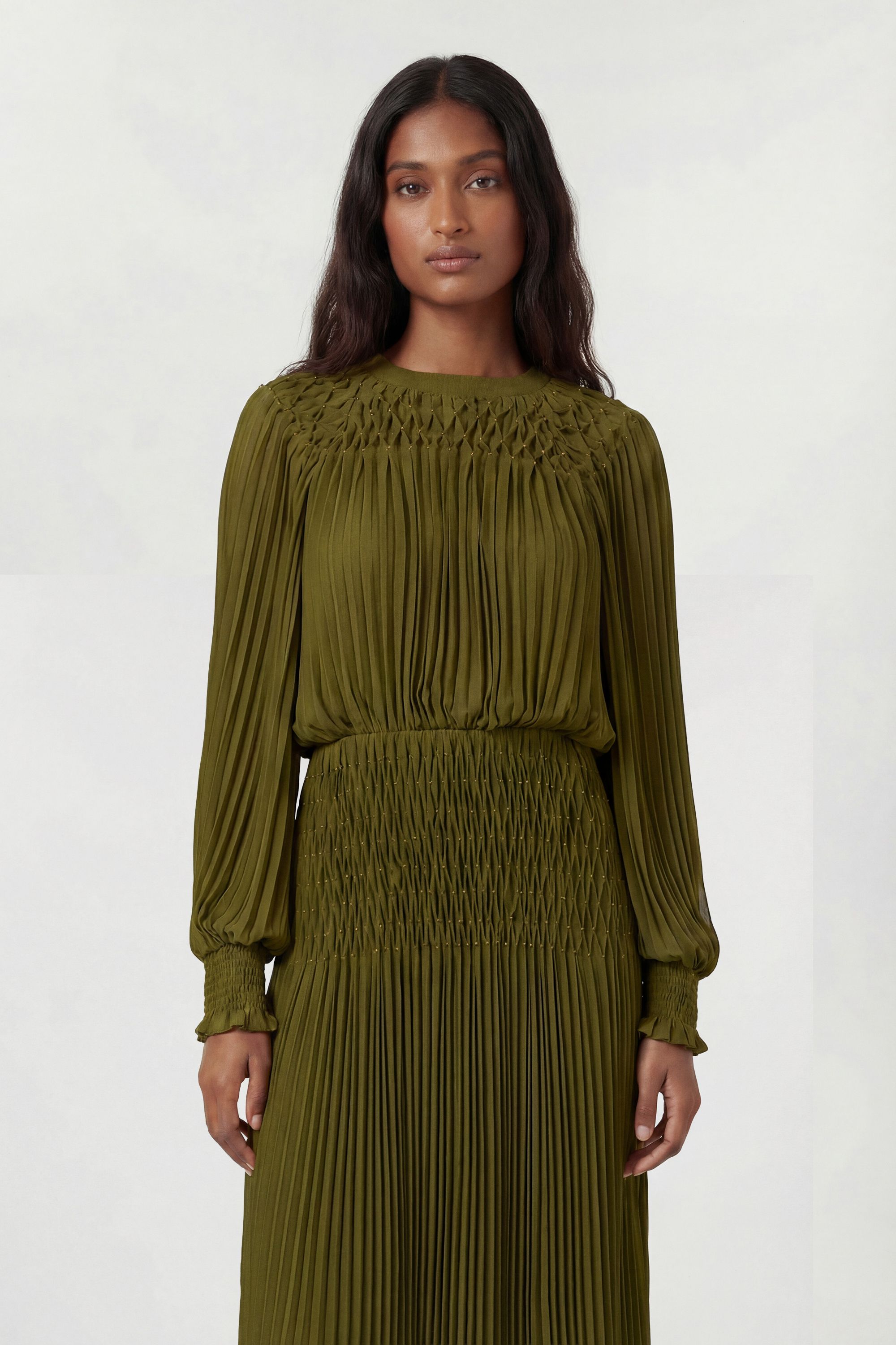 KarenMillen Pleated Bead Detail Balloon Sleeve Maxi Dress