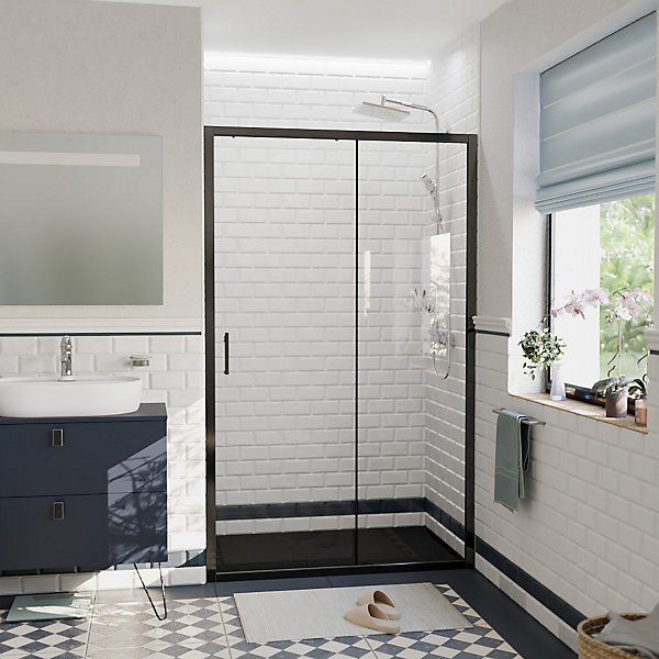 Ceramia PURA Porte de douche 100x195cm coulissante anticalcaire avec profilés Noir mat (CERAHP100B)