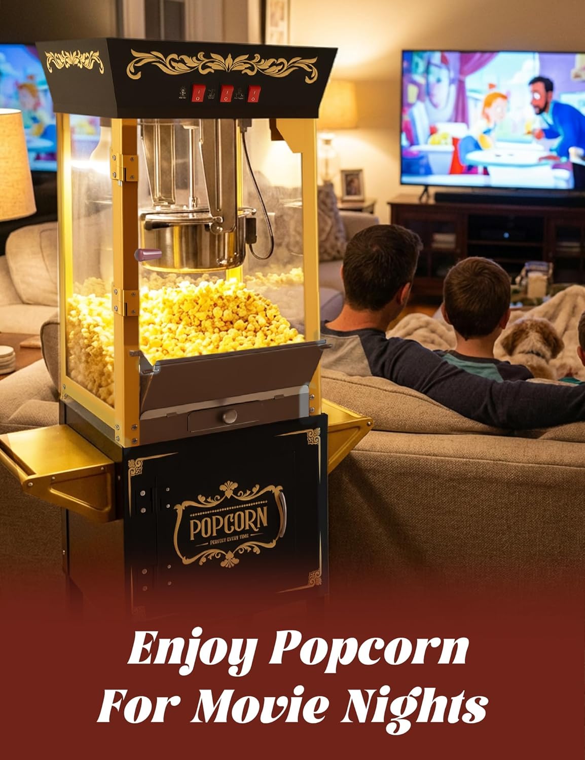 Popcorn Machine with Cart, Authentic 10oz Movie Theater Style Popcorn Maker with Warming Deck, 850W Vintage Standing Popcorn Machine for Home, Parties, Gift (Black and Gold)