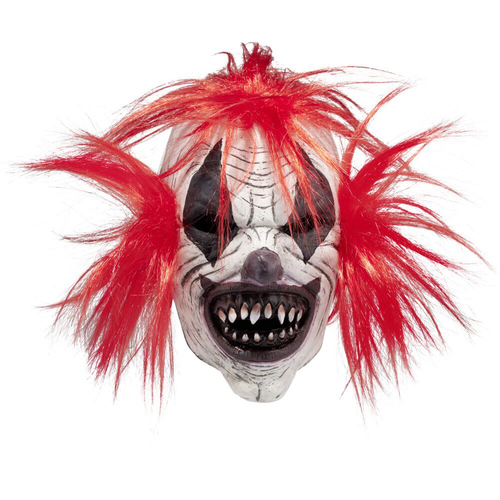 Masque adulte Halloween clown latex blanc avec cheveux rouges