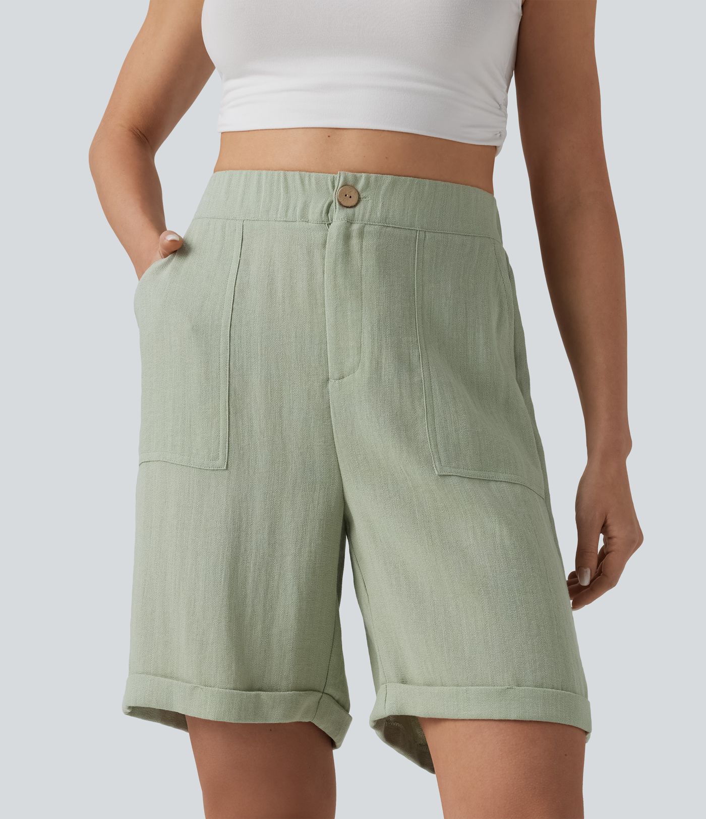 Bermuda casual taille haute aspect lin ourlet roulotté avec poches