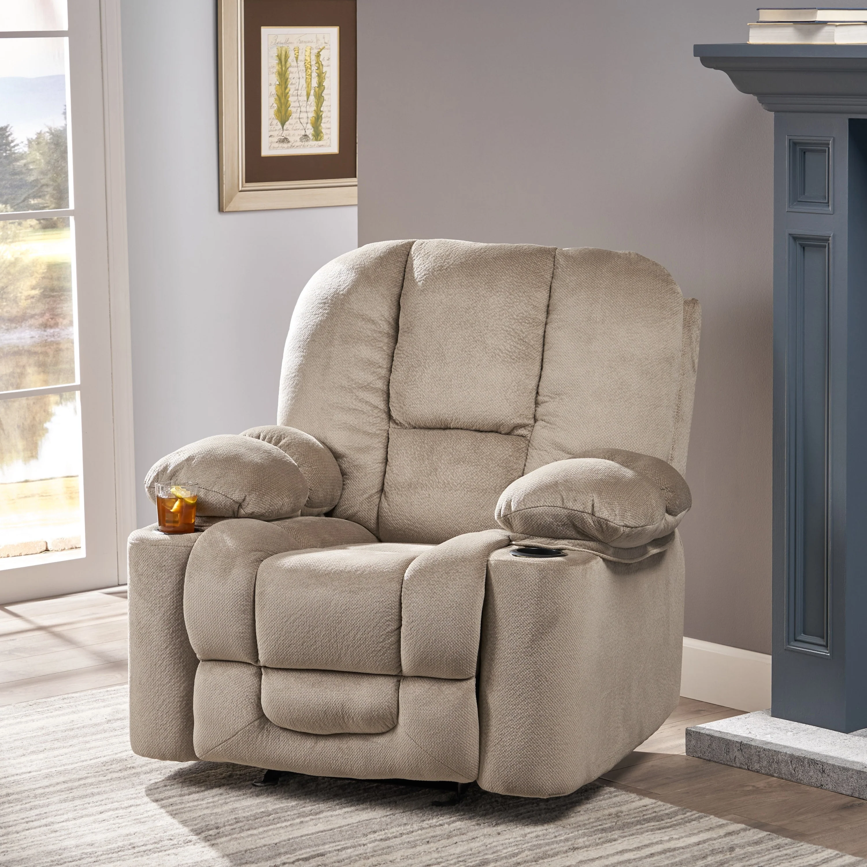 Stylish Manual Recliner with Soft Fabric Upholstery, Plush Padding, and Dual Cup Holders
