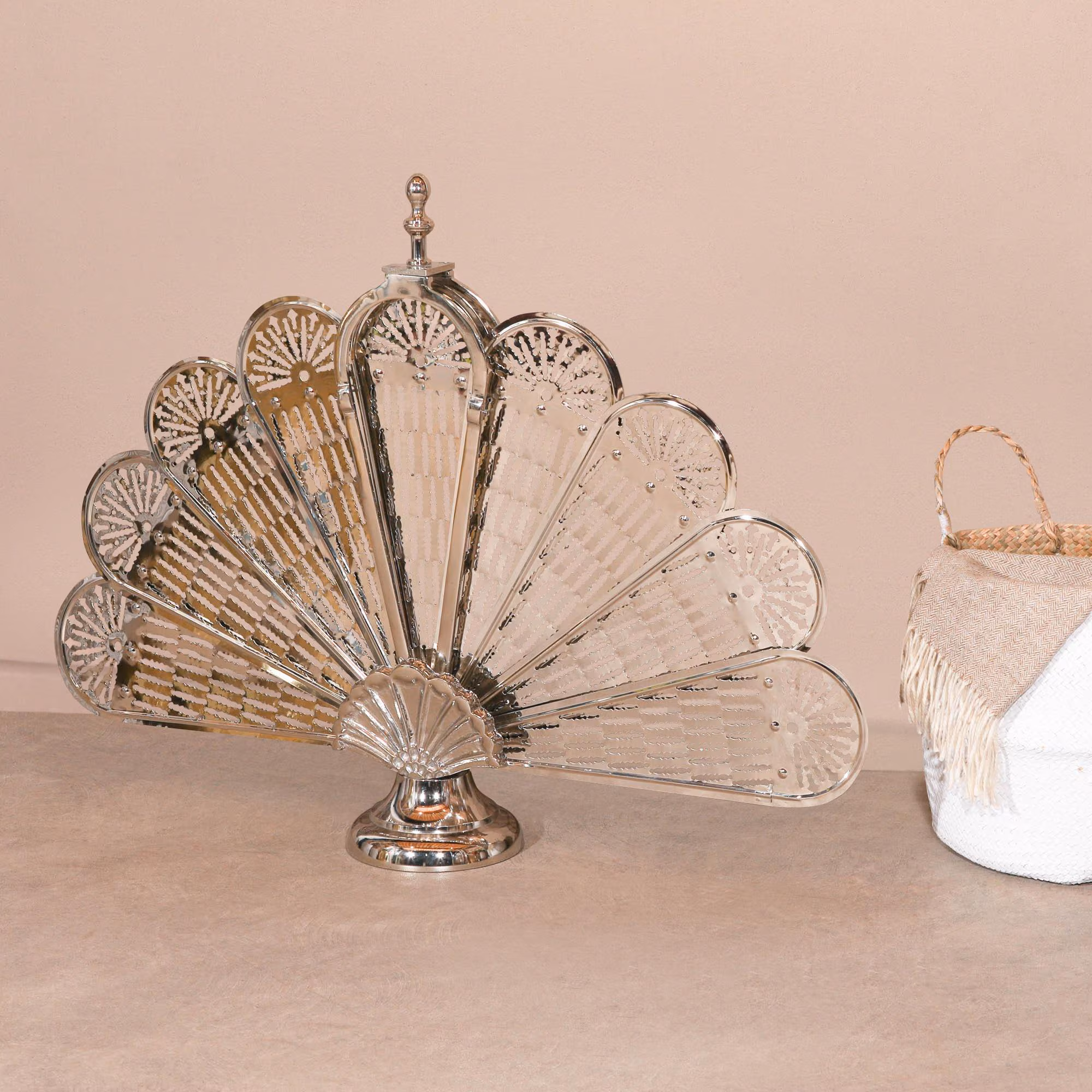 Metal Chrome Finish Seashell Design Fan Fire Screen