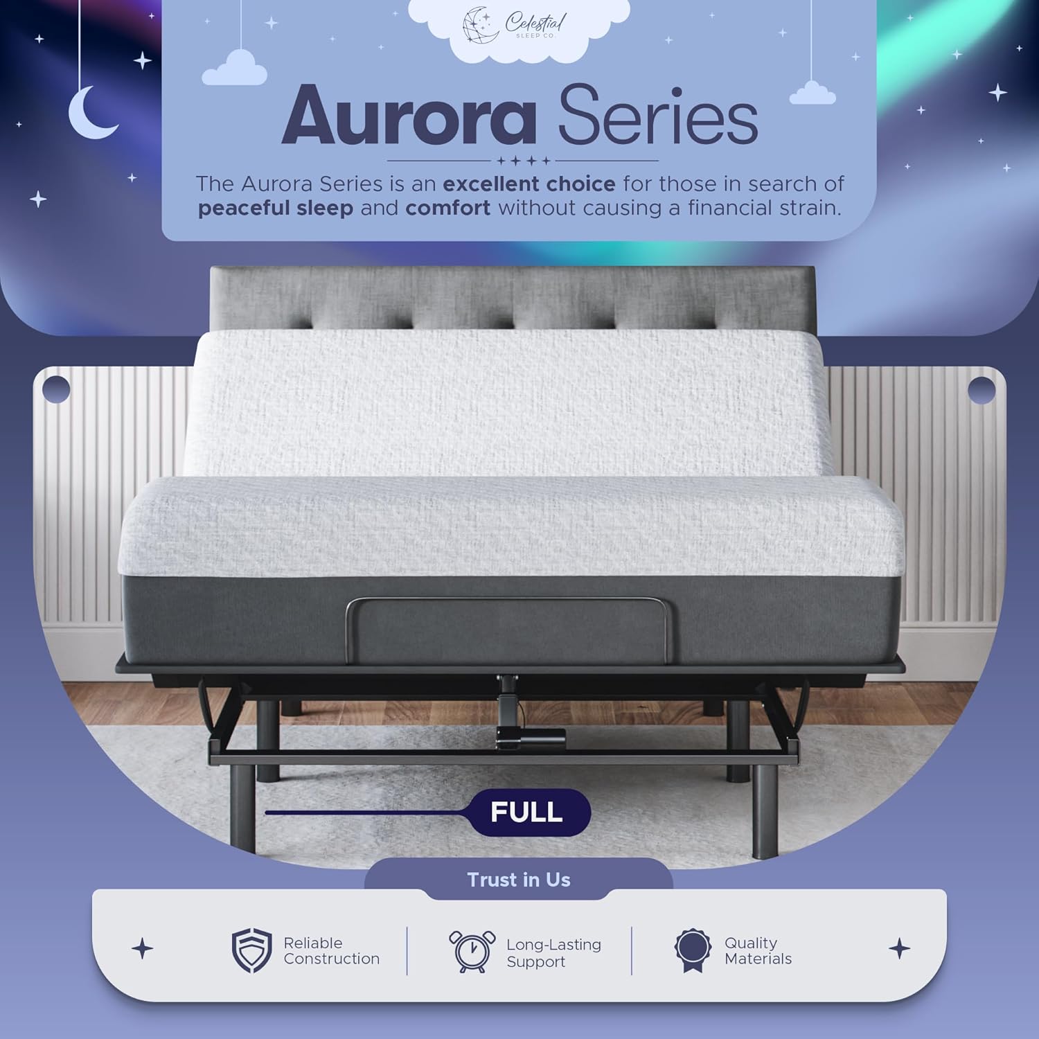 Celestial Aurora Adjustable Bed Base (Frame) + 8 inch Gel Memory Foam Mattress (Firm), Easy Assembly, Head and Foot Lift, Zero Gravity, Memory Positions, CertiPUR-US Bed - Full